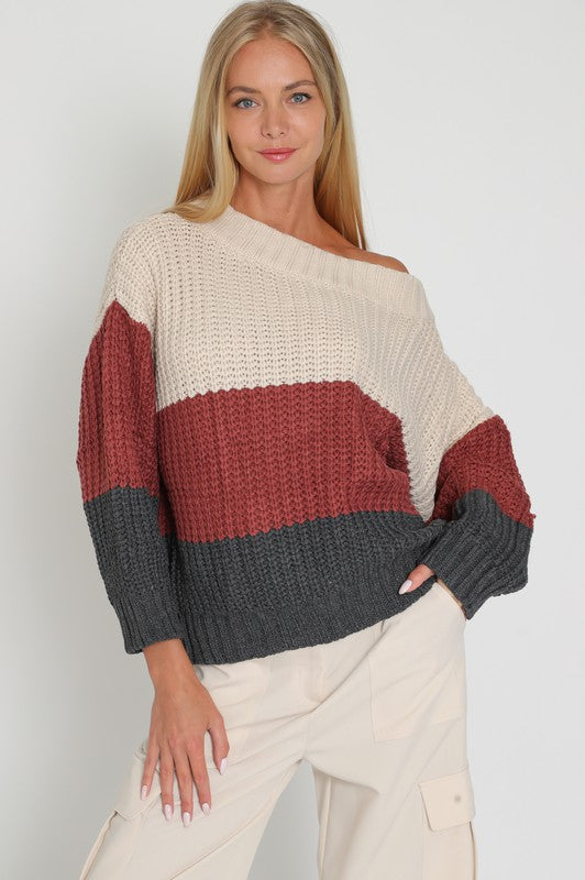 OFF SHOULDER COLOR BLOCK SWEATER