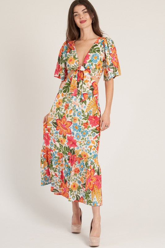 tropical print cut out dress Samana Tropical Print Cut Out Halter Neck Maxi Dress in Cream