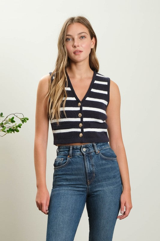 NAVY STRIPED BUTTON VEST
