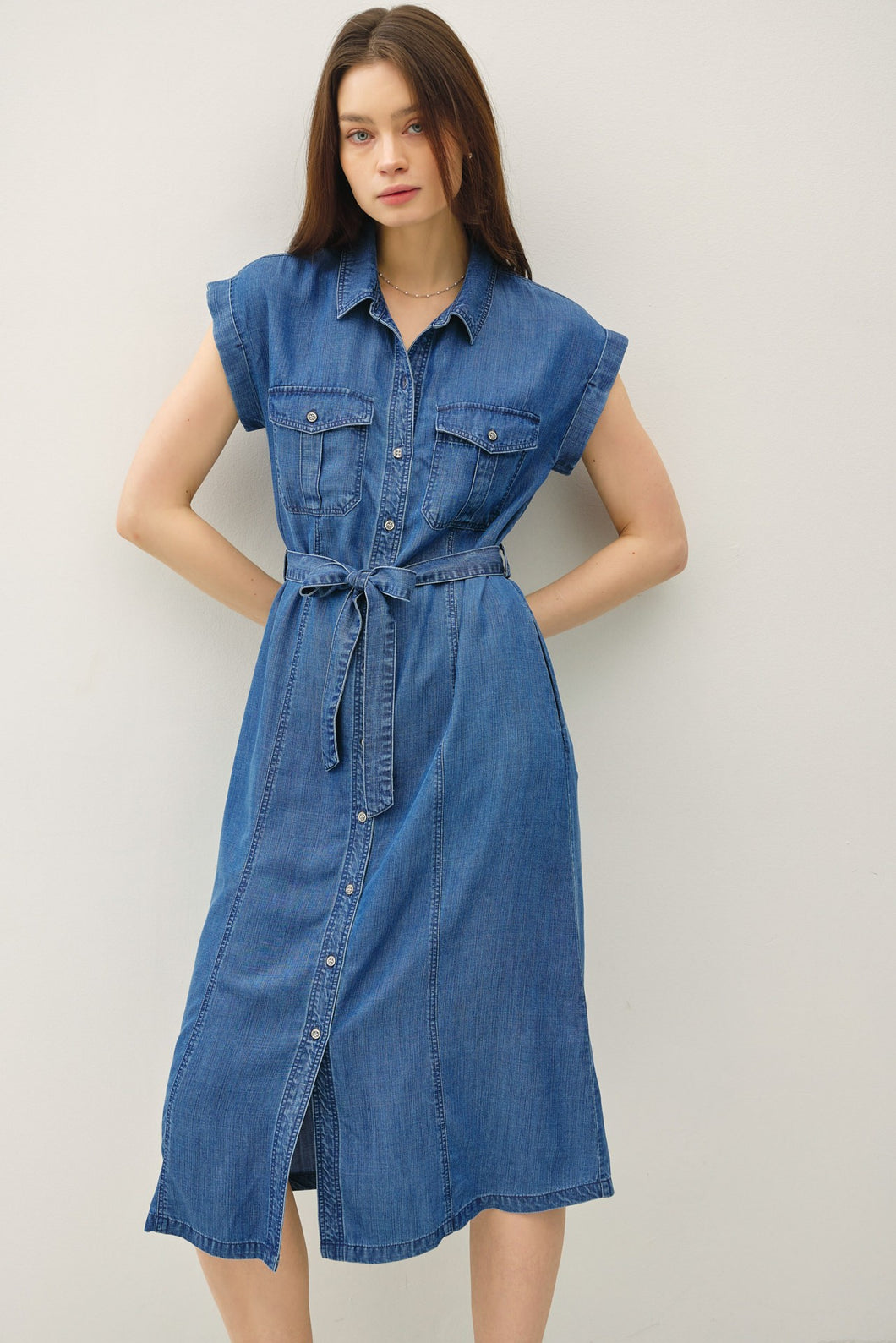 TENCEL DENIM BELTED BUTTON DOWN MIDI DRESS