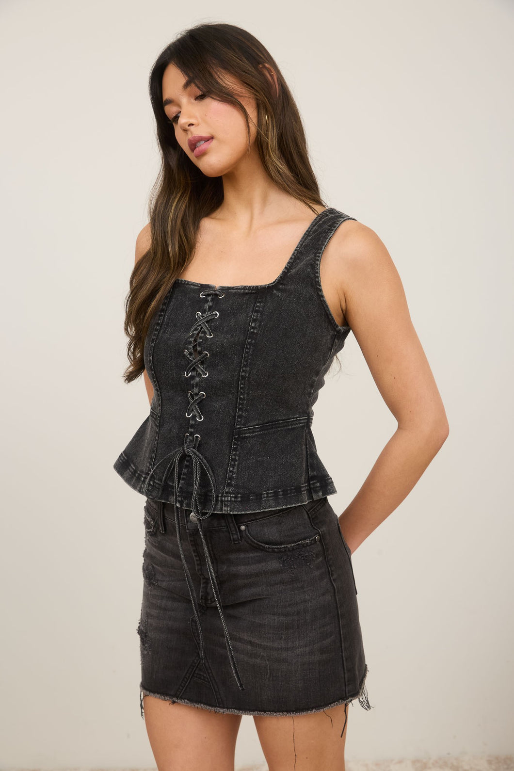 LACE UP DENIM TOP