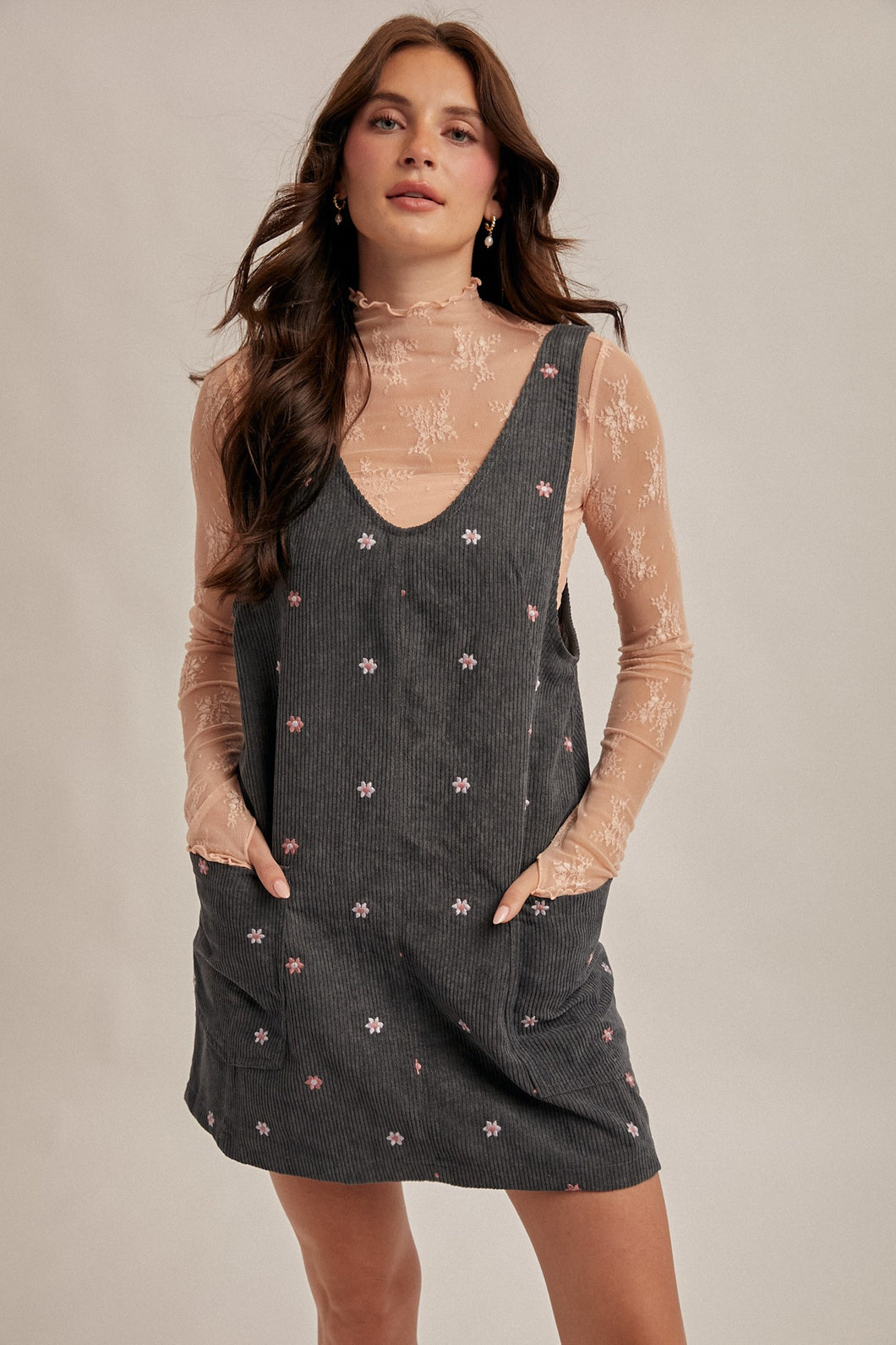 Floral Embroidered Corduroy Overall Dress