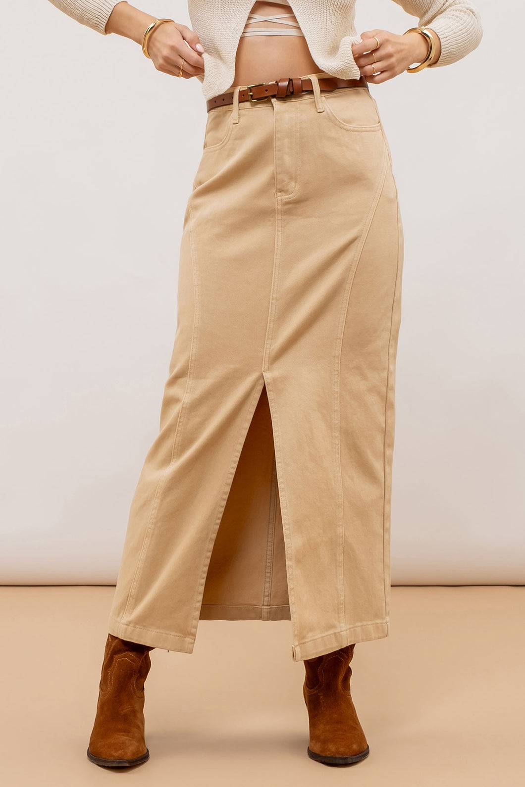 PANELED DENIM MIDI SKIRT