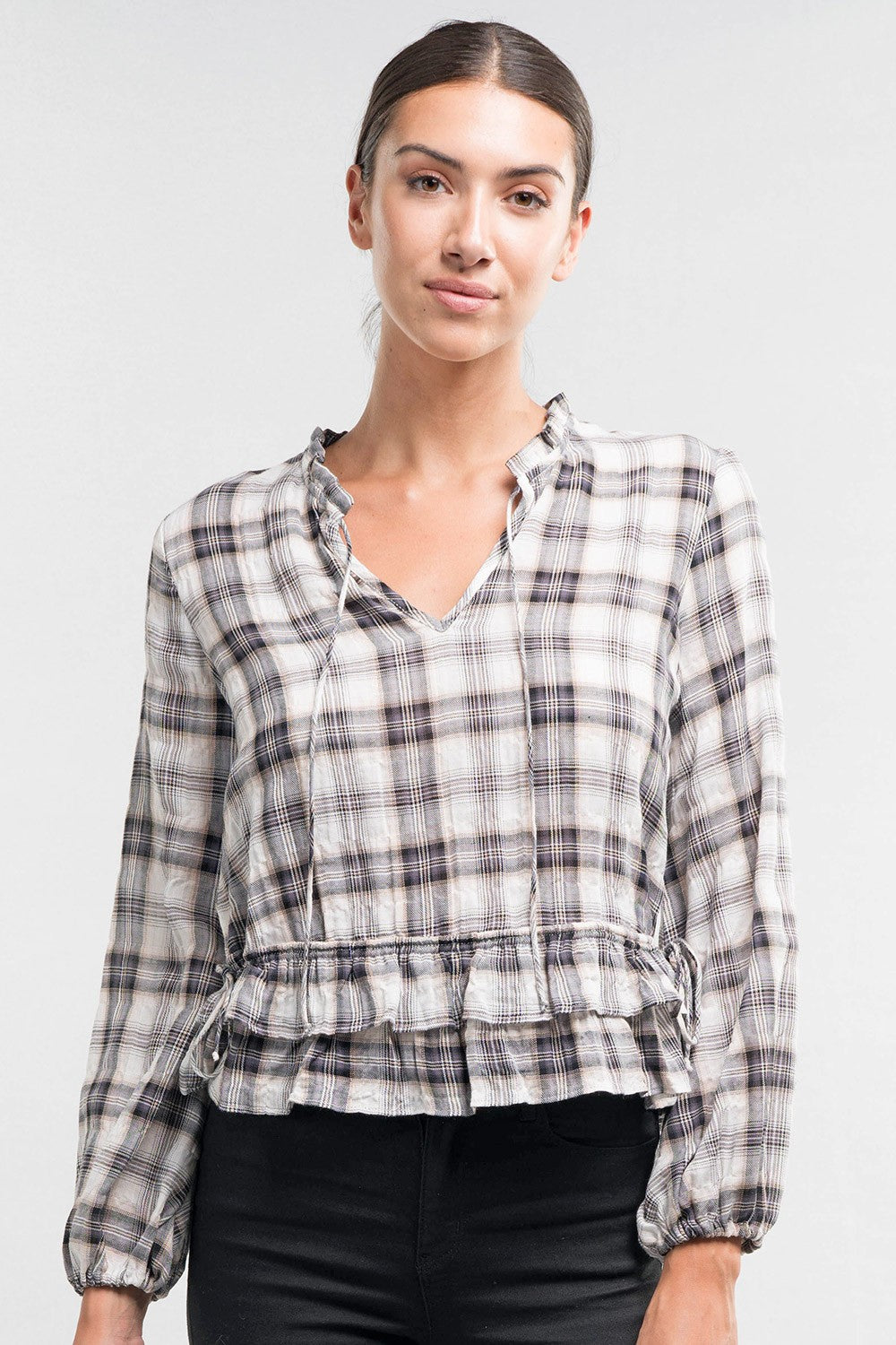 LIGHTWEIGHT YARN DYE RUFFLE TOP