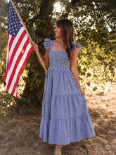 Load image into Gallery viewer, NAVY GINGHAM SMOCKED MAXI DRESS
