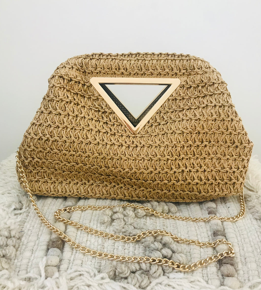 WOVEN PURSE W/ GOLD TRIANGLE HANDLE